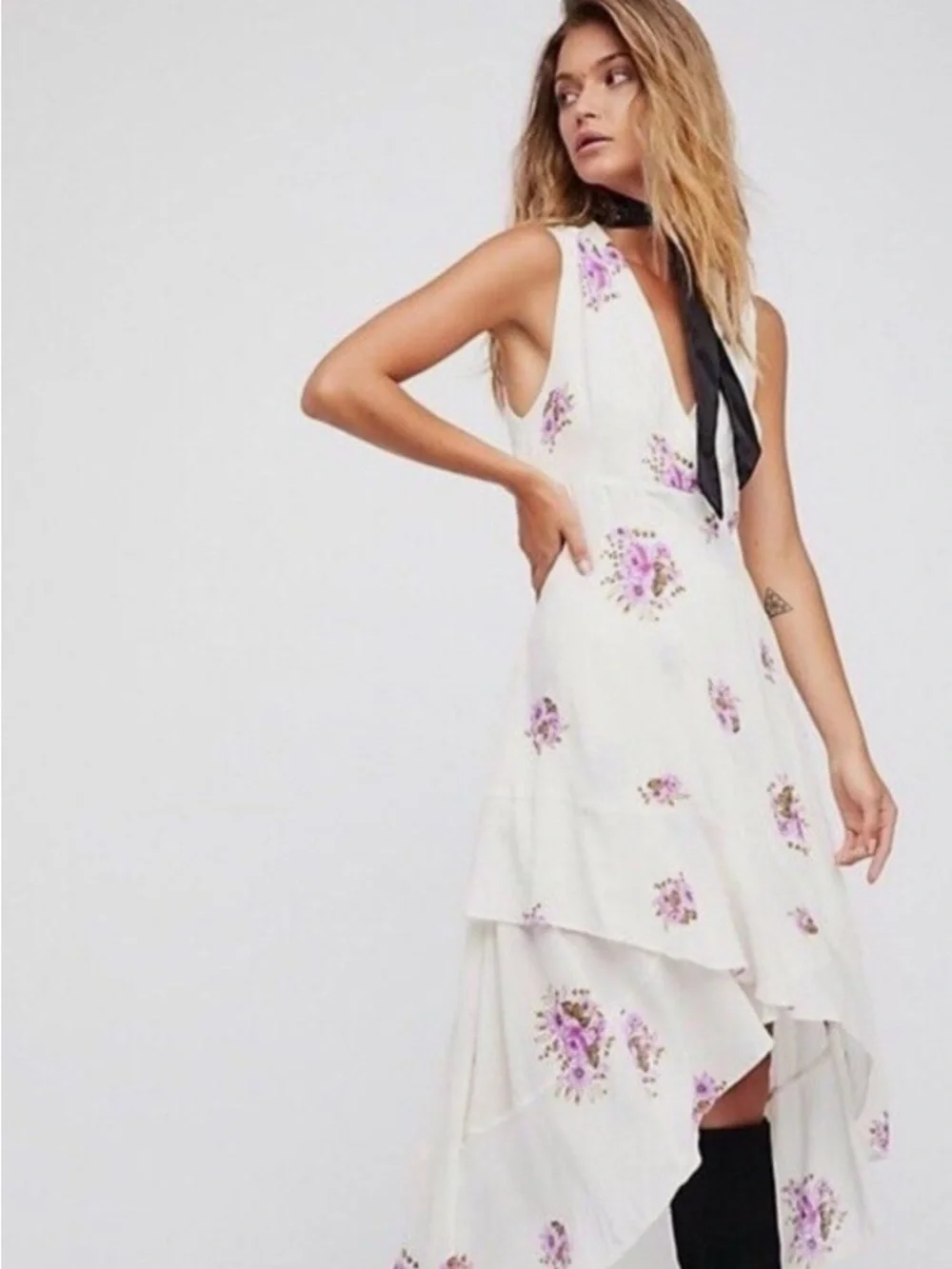 Free People Birdie Floral High-Low Midi Dress Feminine Boho Ivory Purple Size 8